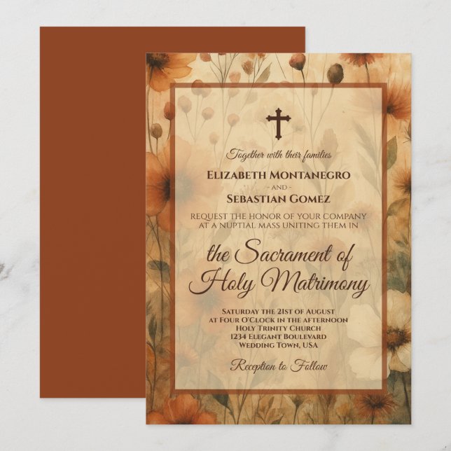 Sienna Boho Watercolor Floral Catholic Wedding Einladung (Vorne/Hinten)