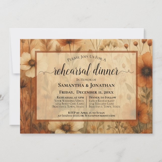 Sienna Boho Wildflowers Wedding Rehearsal Dinner Einladung (Vorderseite)