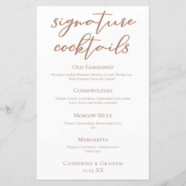 Sienna Brown Wedding Signature Cocktails Menü (Vorderseite)