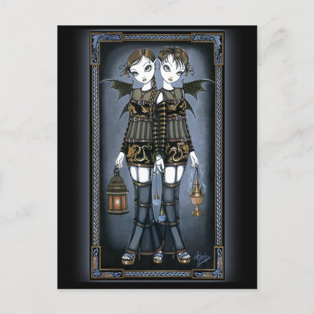 "Sienna & Celeste" Dragon Twin Fairies Postkarte (Vorderseite)
