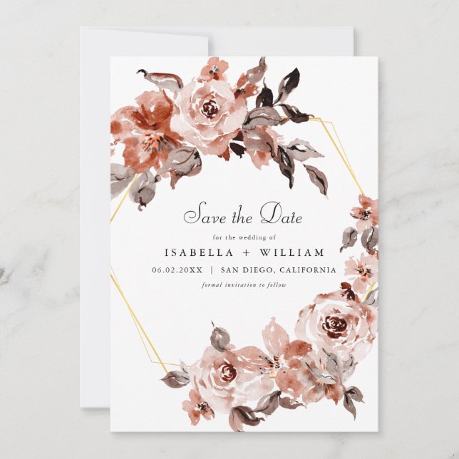 Sienna Floral und Gold Rahmen Save the Date Einladung (Vorderseite)