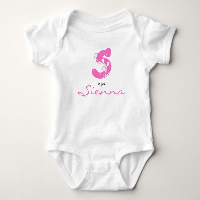 Sienna Name Reveal Blumenbrief S Rosa Blume Baby Strampler (Vorderseite)