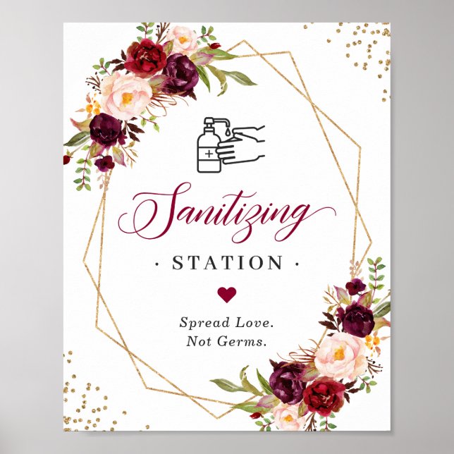 Sign Burgundy Floral Gold Rahmen für die Sanitärst Poster (Vorne)