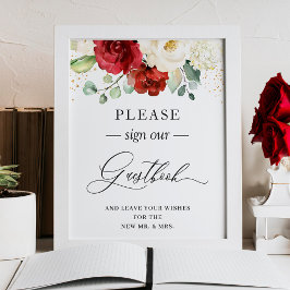 Sign Our Guestbook Burgundy Red White Floral Poster