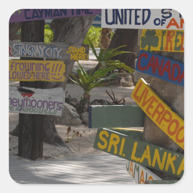 Sign Post Rum Point Grand Cayman Quadratischer Aufkleber (Vorderseite)