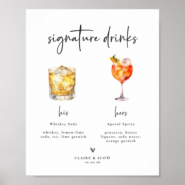 Signatur-Drinks Hochzeitsbar-Schild Poster (Vorne)