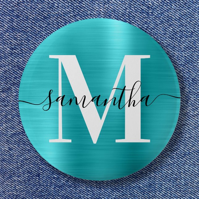 Signatur-Monogramm Türkisblau-Schimmerfolie  Button (Signature Monogram Turquoise Blue Shimmer Foil Button)