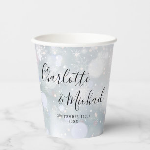 Signatur-Schriftzug Winter-Schneeflocken-Hochzeit Pappbecher