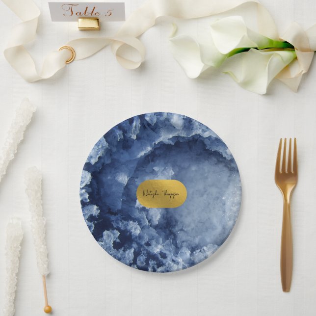 Signatur von Blue Gold Foil Sea Crystals Pappteller (Hochzeit)
