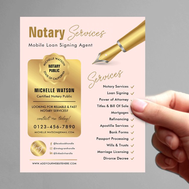 Signatur von Notar-Agenten Briefmarke Rosa- und Go Flyer (Blush pink & gold notary public marketing flyer with your custom photo and logo)