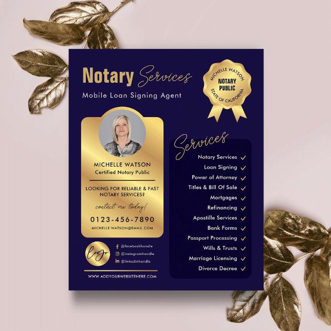 Signatur von Notar-Agenten Navy & Gold-Logo-Foto Flyer (Modern navy blue and gold notary public marketing flyer with your custom photo and logo)