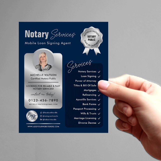 Signatur von Notar-Agenten Navy & Silver-Logo-Foto Flyer (Modern navy and silver notary loan signing agent marketing flyer with your custom photo and logo)
