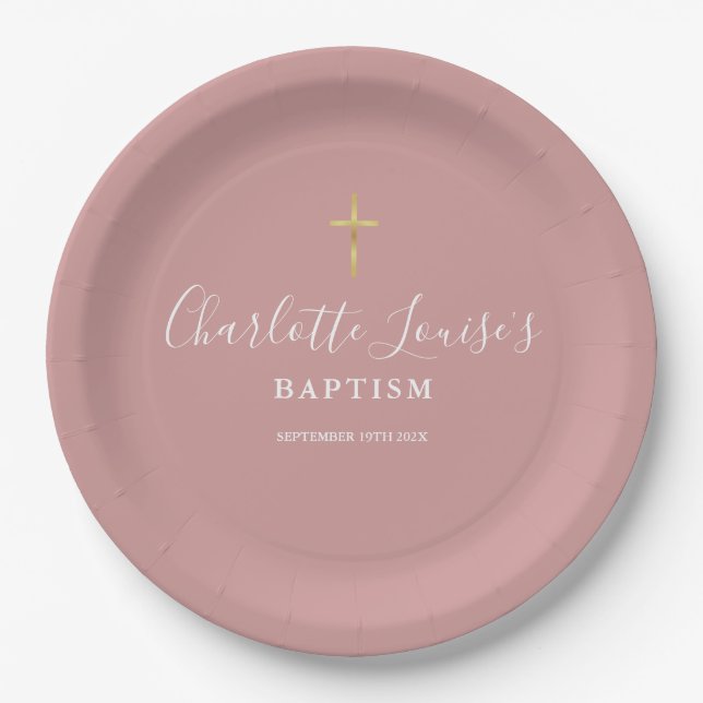 Signature Baptism Christening Dusty Rose Pink Pappteller (Vorderseite)