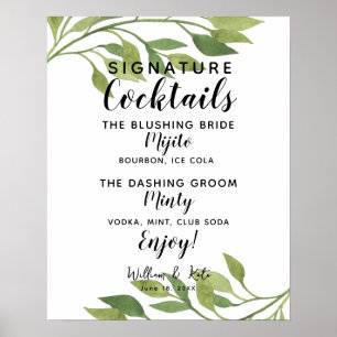 Signature Cocktail Bar Zeichen botanische Hochzeit Poster