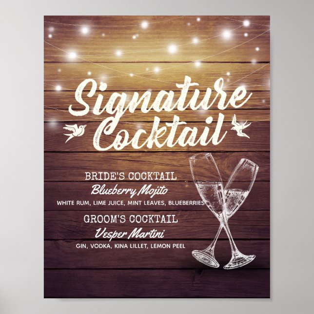 Signature Drink Menu Champagne Glass Wood Poster (Vorne)