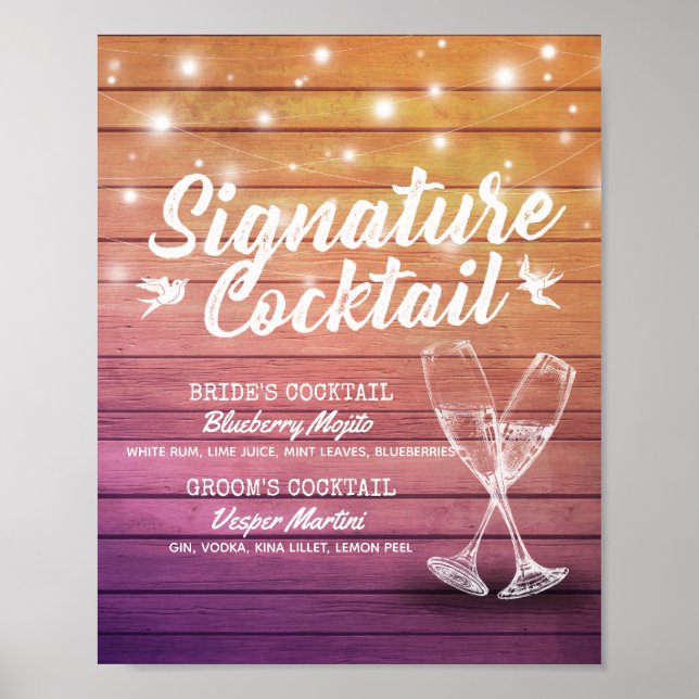Signature Drink Menu Champagne Glass Wood Poster (Vorne)
