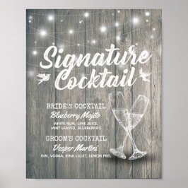 Signature Drink Menu Champagne Glass Wood Poster