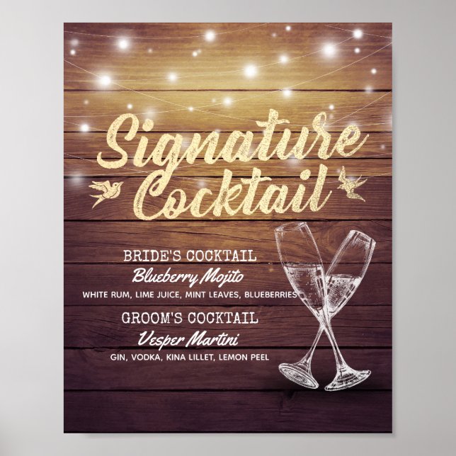 Signature Drink Menu Champagne Glass Wood Poster (Vorne)