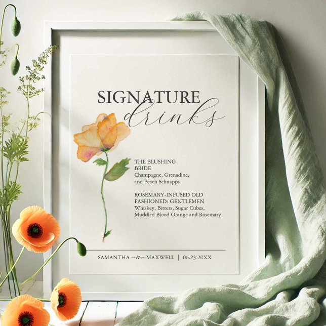 Signature Drinks 8x10 Blumenzettel Poster (Signature cocktail sign features an elegant watercolor orange flower by Victoria Grigaliunas )