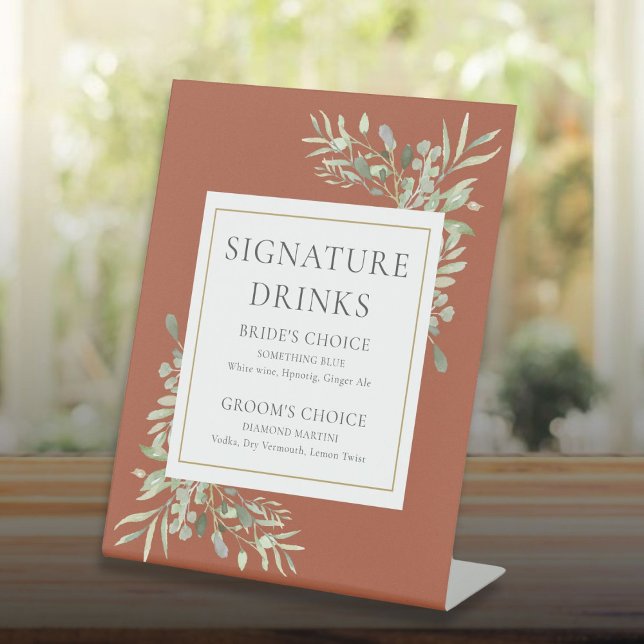 Signature Drinks Aquarell Landschaft Terracotta Sockelschild (Signature Drinks Watercolor Greenery Terracotta Pedestal Sign)
