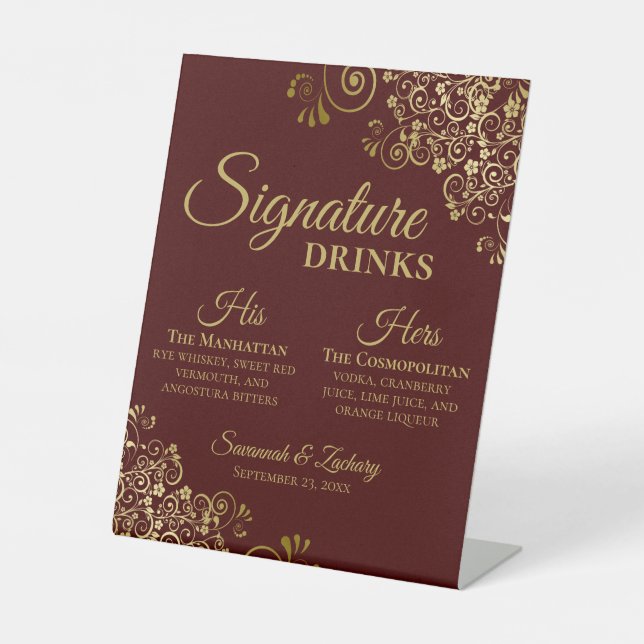 Signature Drinks Auburn Brown & Gold Wedding Bar Sockelschild (Vorderseite)