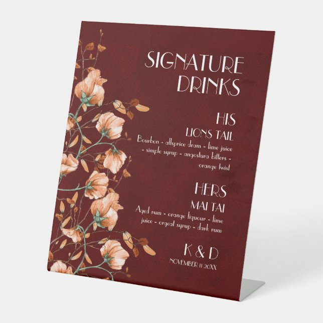 Signature Drinks Burgundy Burnt Orange Floral Fall Sockelschild (Vorderseite)