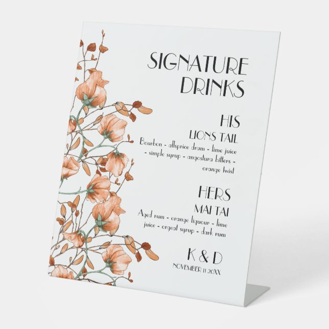 Signature Drinks Burnt Orange Bloral Hochzeit Sockelschild (Vorderseite)