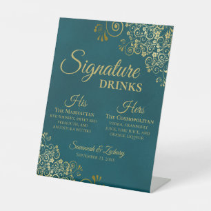 Signature-Drinks Dunkel-Türkis & Gold Hochzeitsbar Sockelschild