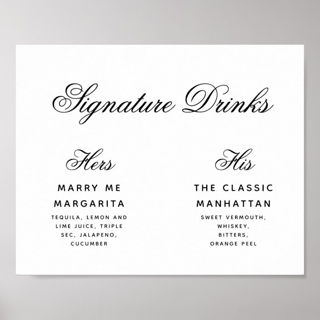 Signature Drinks einfache schwarz-weiße Hochzeitss Poster (Vorne)
