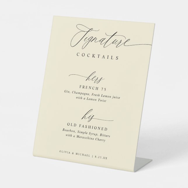 Signature Drinks Elegant Modern Cream Wedding Sockelschild (Vorderseite)
