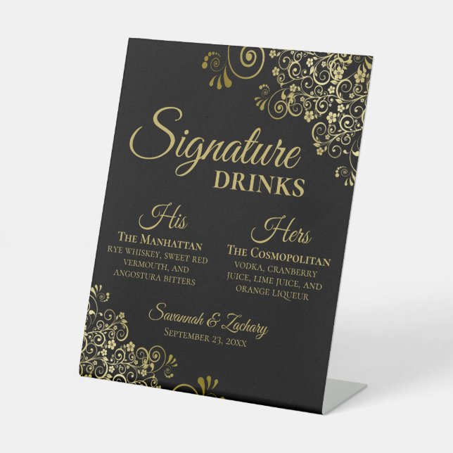 Signature Drinks Elegante Black & Gold Hochzeit Ba Sockelschild (Vorderseite)
