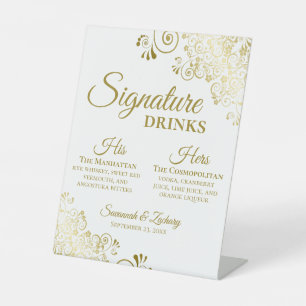 Signature Drinks Elegante Gold & White Wedding Bar Sockelschild