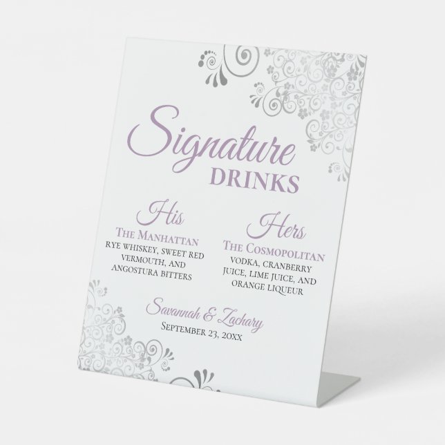 Signature Drinks Elegante Lavendel & Silver Weddin Sockelschild (Vorderseite)