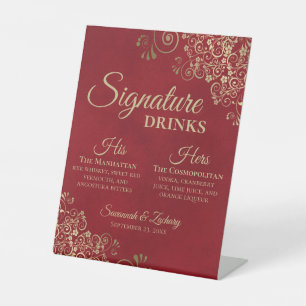 Signature Drinks Elegante Rot & Gold Hochzeit Bar Sockelschild