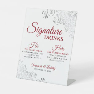 Signature Drinks Elegante Rot & Silber Hochzeit Sockelschild