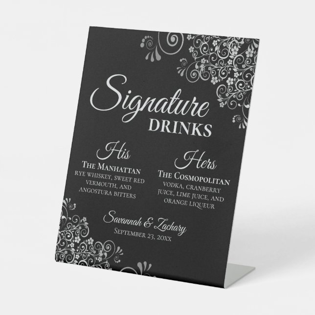 Signature Drinks Elegante Silver & Black Wedding Sockelschild (Vorderseite)