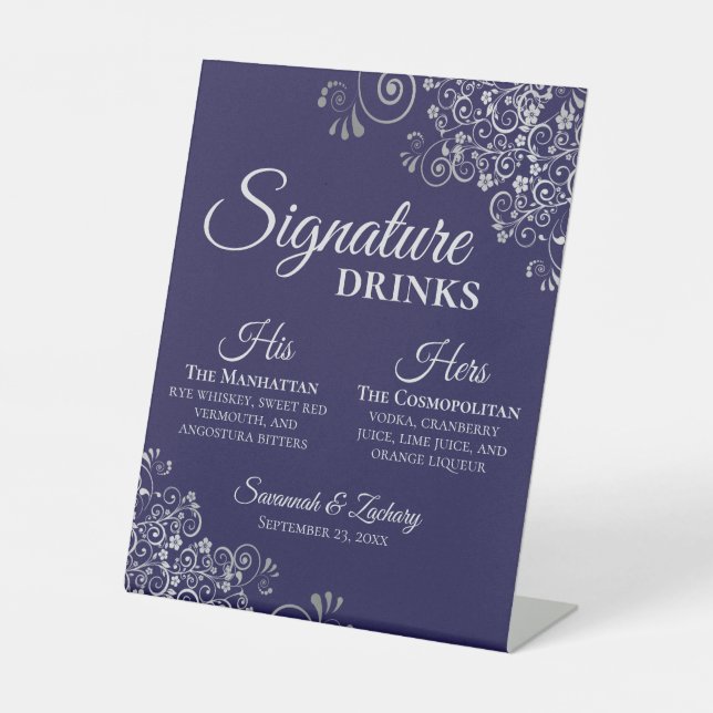Signature Drinks Elegante Silver & Navy Hochzeit Sockelschild (Vorderseite)