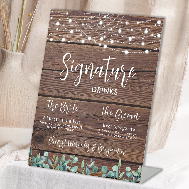 Signature Drinks Grüne String Lights Hochzeit Sockelschild (Von Creator hochgeladen)