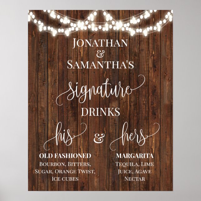 Signature Drinks Hochzeit Empfang rustikales Zeich Poster (Vorne)