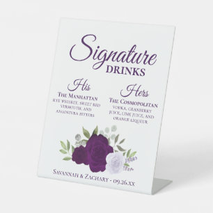 Signature Drinks Lila Aquarellfarben Rose Hochzeit Sockelschild