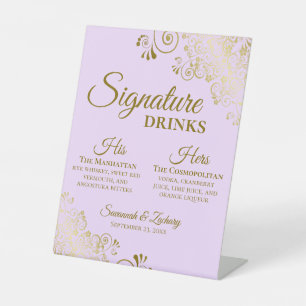 Signature Drinks Lilac Lila & Gold Wedding Bar Sockelschild