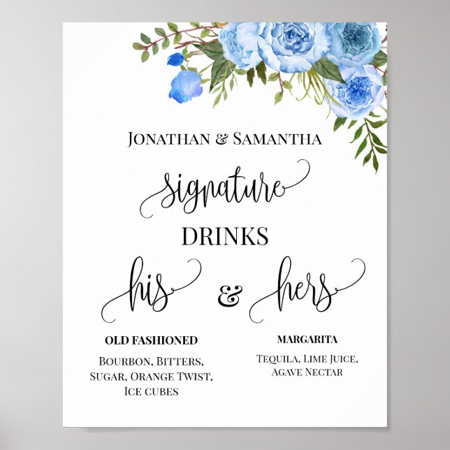 Signature Drinks Paare Hochzeit blaues Blumenzeich Poster (Vorne)