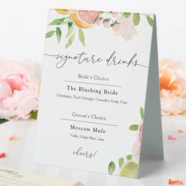 Signature Drinks Rosa Zitrusfrüchte Zeichen Tischaufsteller (In Situ (Hochzeit))