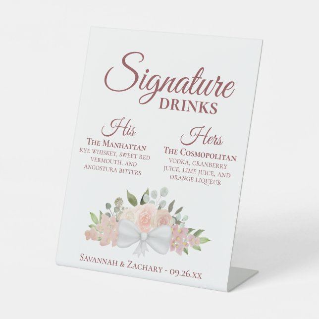 Signature Drinks Rosen & Blüten Hochzeiten rosa Sockelschild (Vorderseite)