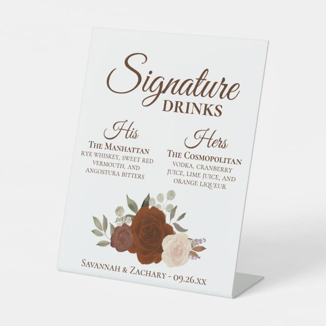 Signature Drinks Rost Orange Rose Hochzeit Sockelschild (Vorderseite)