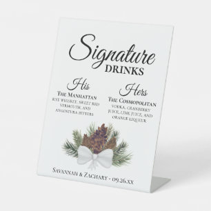 Signature Drinks rustikale Pinecones Bouquet Hochz Sockelschild