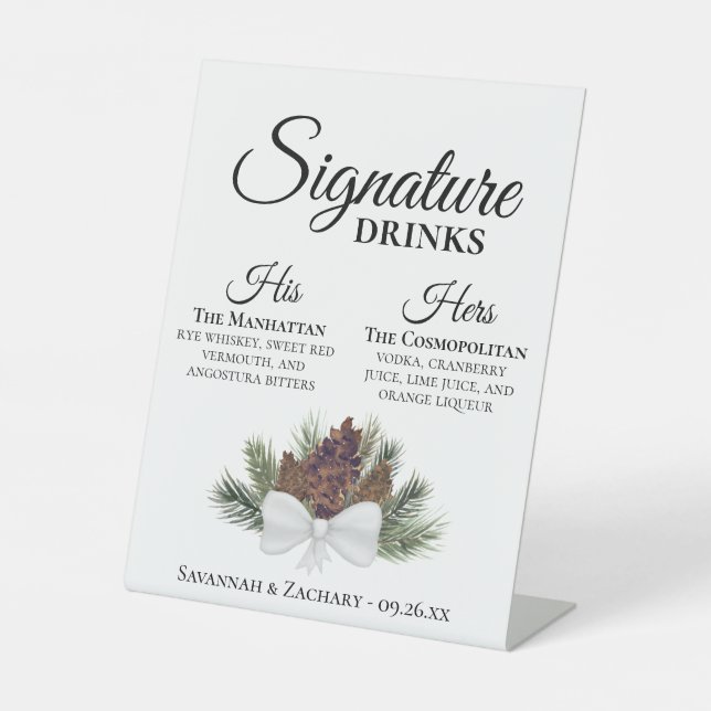 Signature Drinks rustikale Pinecones Bouquet Hochz Sockelschild (Vorderseite)