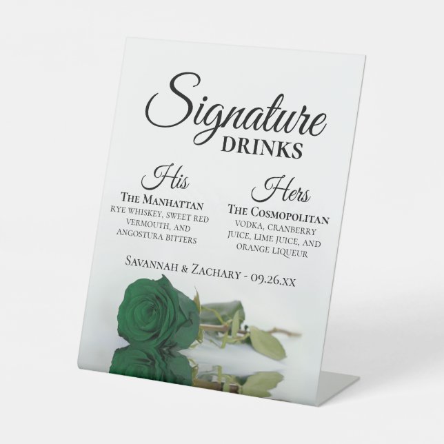 Signature Drinks Smaragdgrüne Rose Hochzeit Sockelschild (Vorderseite)