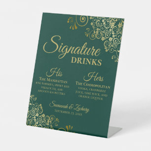 Signature Drinks Smaragdgrüne und goldene Hochzeit Sockelschild