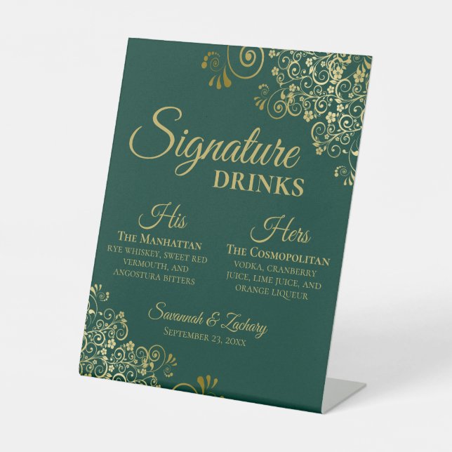 Signature Drinks Smaragdgrüne und goldene Hochzeit Sockelschild (Vorderseite)
